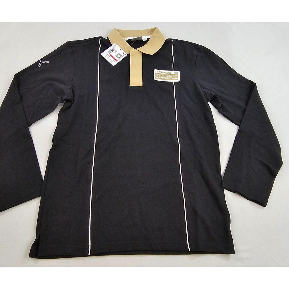 Puma Porsche 911 Turbo Polo Shirt Mens XS Long Sleeve Black Beige 621016 01
